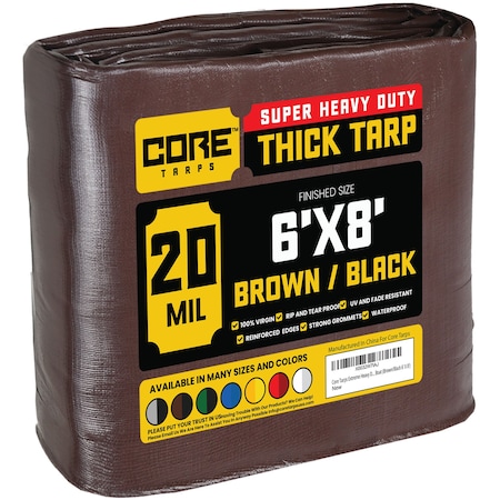Core Tarps Heavy Duty Tarp, 8 ft L x 0.5 mm H x 6 ft W, 20 Mil, Brown/Black, Polyethylene CT-702-6X8